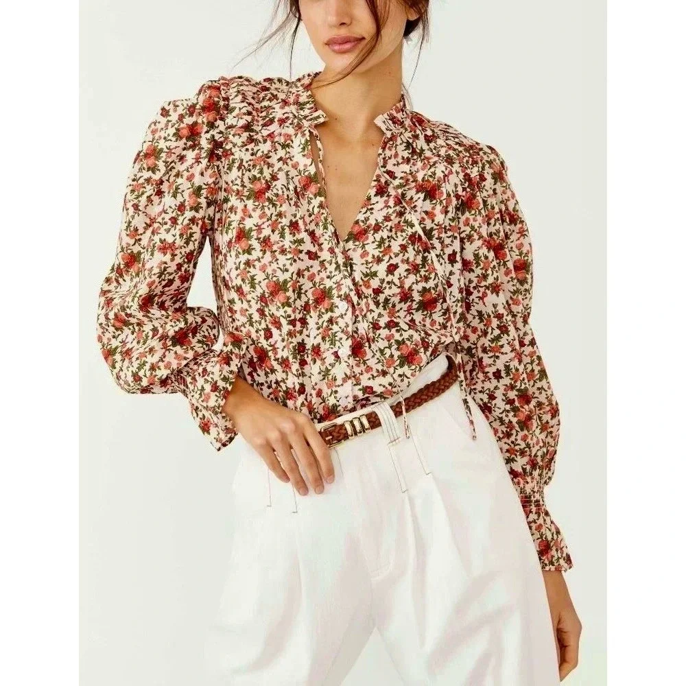 FREE PEOPLE Meant To‎ Be Blouse Floral Vintage Combo Ruffled Smocked Small